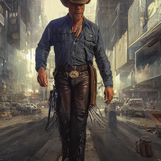 Image similar to full figure ultra realistic illustration, ed harris wearing a cowboy outfit in a dystopian city, intricate, elegant, highly detailed, digital painting, artstation, concept art, smooth, sharp focus, illustration, art by artgerm and greg rutkowski and alphonse mucha