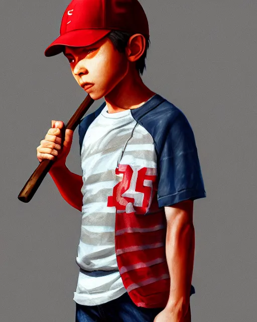 Prompt: a young boy wearing a horizontal striped shirt and a red baseball cap, holding a baseball bat, digital painting, artstation, concept art, sharp focus, octane render, illustration, art by ayami kojima, apex legends character,
