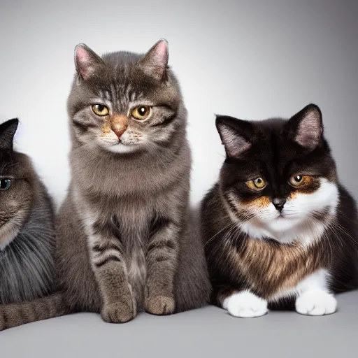 Image similar to a highly detailed photo of multiple furry cats, they are inside a big bag, gray background, studio lighting, 4 k, 8 k