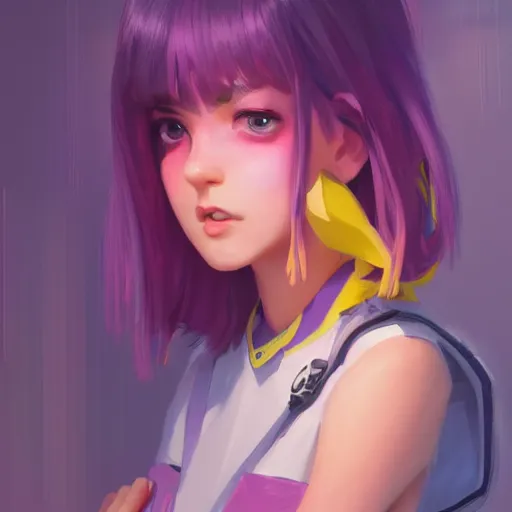 Prompt: young woman with shoulder length purple hair and yellow eyes dressed in a pink uniform, blurred city background in twilight lighting, ilya kuvshinov, anime, greg rutkowski, guweiz, ross tran, artstation trending, artgerm, concept art, digital painting, painterly