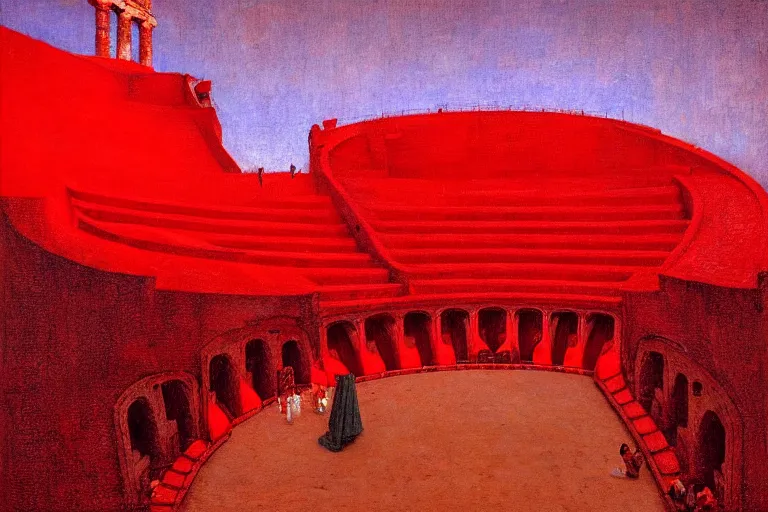 Image similar to only with red, a red great emperor, taormina amphitheatre, crowd with big smile, in the style of beksinski, parts by edward hopper, parts by rodcenko, parts by yue minjun, intricate and epic composition, red by caravaggio, insanely quality, highly detailed, masterpiece, red light, artstation, 4 k