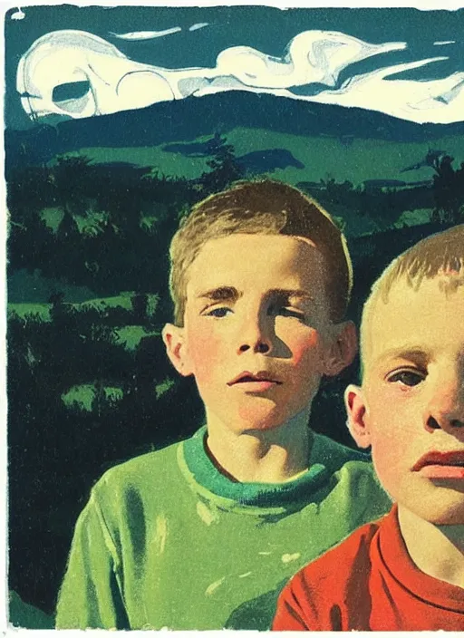 Prompt: an extreme close - up low angle portrait of a young boy and his young brother in a scenic representation of mother nature and the meaning of life by billy childish, thick visible brush strokes, shadowy landscape painting in the background by beal gifford, vintage postcard illustration, minimalist cover art by mitchell hooks