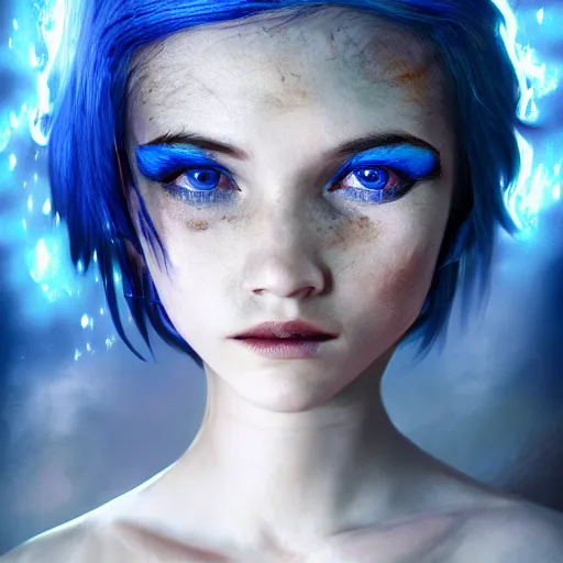 Image similar to The dragon girl portrait, portrait of young girl half dragon half human, dragon girl, dragon skin, dragon eyes, dragon crown, blue hair, long hair, highly detailed, cinematic lighting, Matte painting by David Lynch