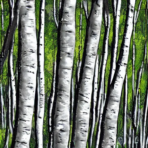 Prompt: Silver birch trees by chunks of bedrock on the side of a hill, digital art, postcard