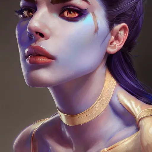 Image similar to character portrait of Widowmaker from Overwatch, blue skin, intricate, wild, highly detailed, digital painting, artstation, upper body, concept art, smooth, sharp focus, illustration, art by artgerm and greg rutkowski and alphonse mucha