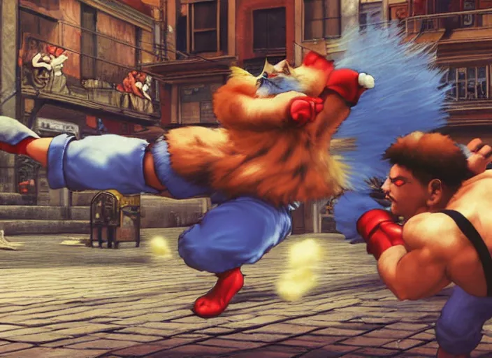 Prompt: cat fights hamster in street fighter 2 fotorealistic, 4 k