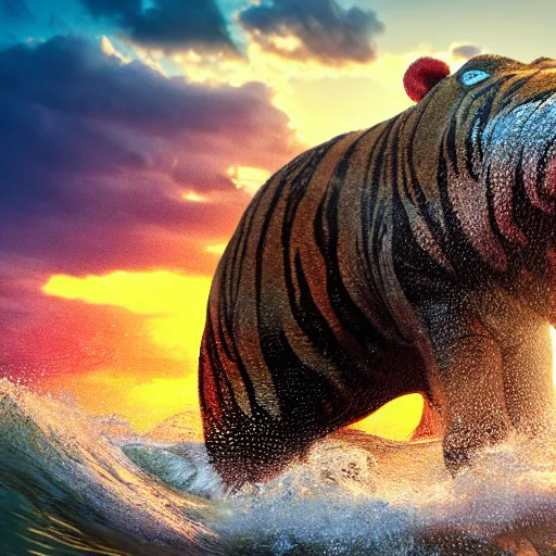 Image similar to a closeup photorealistic photograph of a knitted tiger hippopotamus riding a large wave during sunset. surf in the background. professional capture. brightly lit scene. this 4 k hd image is trending on artstation, featured on behance, well - rendered, extra crisp, features intricate detail, epic composition and the style of unreal engine.