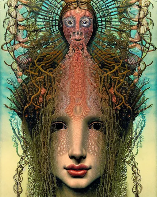 Image similar to realistic detailed underwater face portrait of the beautiful young goddess of the fish of the three lights with an intricate headdress of corals, sea kelp, sea plants, fish, jellyfish, art by ernst haeckel, h. r. giger, zdzisław beksinski, gustav klimt, gothic, neo - gothic, hyper - ornamental,