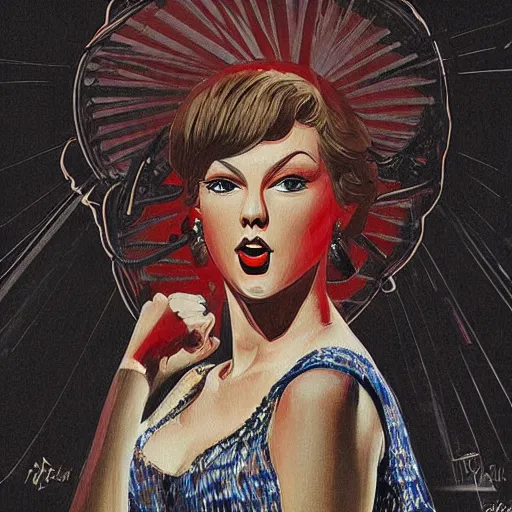 Prompt: a detailed and complex, highly detailed, concept art, soviet propaganda poster depicting a portrait of taylor swift singing on stage. painting by irakli toidze