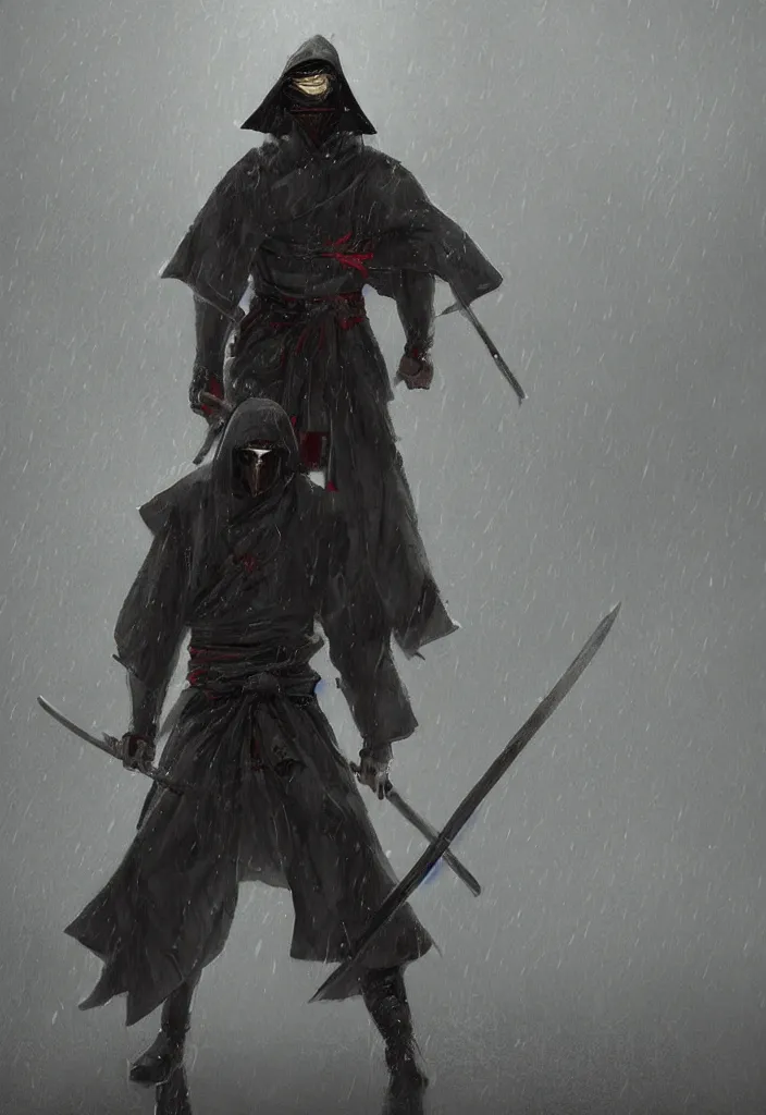 Image similar to a hooded samurai wearing a samurai mask holding his sword in a heroic pose standing in heavy rain magical conceptart, trending on artstation, deviantart.