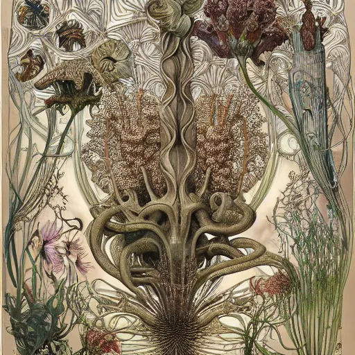 Prompt: hyper - detailed matte illustration of alien flora and fauna by iris van herpen based on plate 6 1 of art forms in nature by ernst haeckel, alphonse mucha