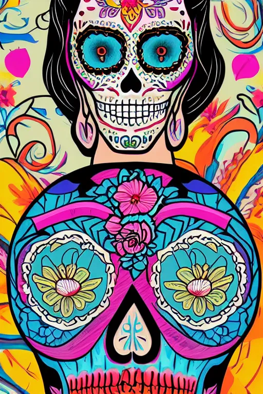 Prompt: illustration of a sugar skull day of the dead girl, art by tristan eaton stanley