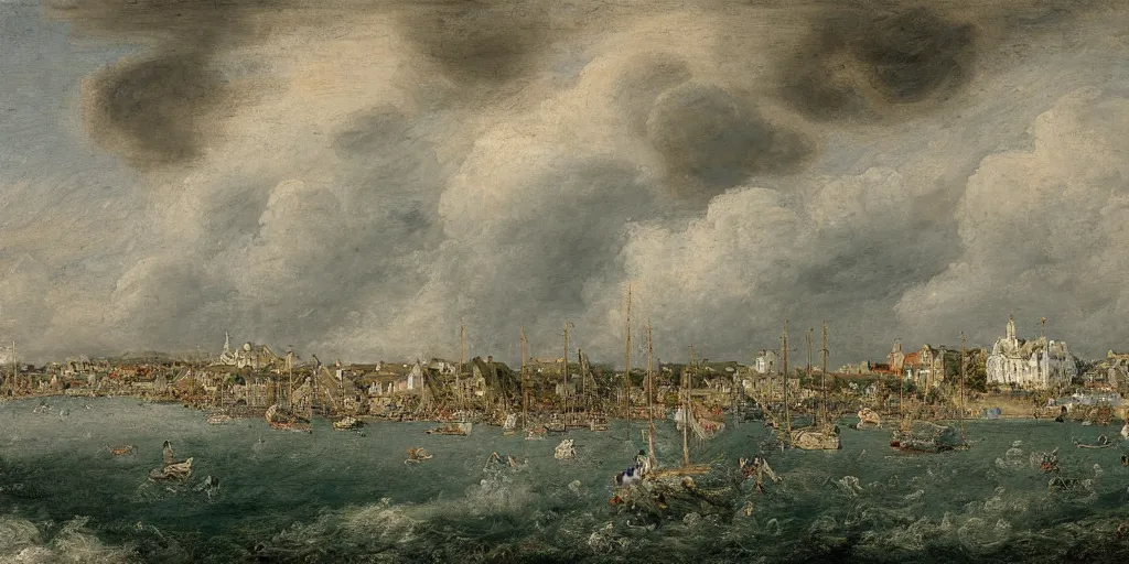 Image similar to a painting of the harbour at St Peter Port, Guernsey, small houses, boats, sea, stormy clouds, by François Boucher, by Antoine Watteau