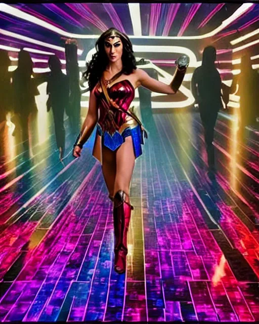 Image similar to gal gadot as wonder woman in saturday night fever dancing at a disco with a glowing illuminated multicolored square tile floor