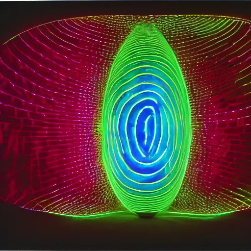 Prompt: annie liebowitz portrait of a plasma energy tron dinosaur egg in the shape of a random geometric shape, made up of spiral glowing electric plates and patterns. cinestill