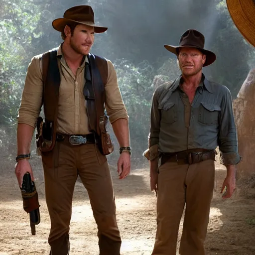 Image similar to a photo of chris pratt as indiana jones together with harrison ford, cinematic, natural lighting, genuine smile