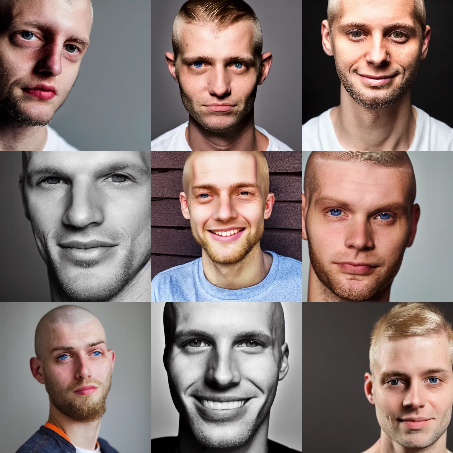 Prompt: close-up portrait of a thin white blond man late-twenties with a shaved head and squinty eyes and orange facial hair.