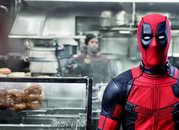Image similar to film still of Deadpool working in a bakery in the new Deadpool movie, 4k