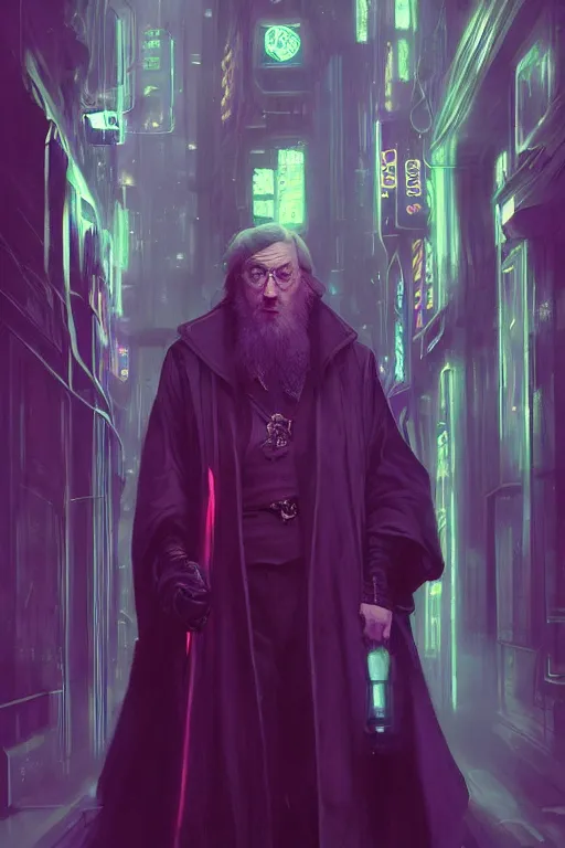 Image similar to portrait of Dumbledore in cyberpunk, neon lighting, night city, digital art from artstation by Ruan Jia and Mandy Jurgens and Artgerm and william-adolphe bouguereau and Greg Rutkowski