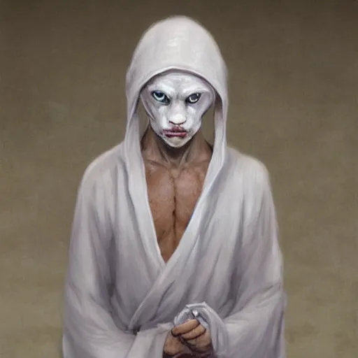 Prompt: Albino Tabaxi in simple white monk robes. Fantasy, Seb Mckinnon