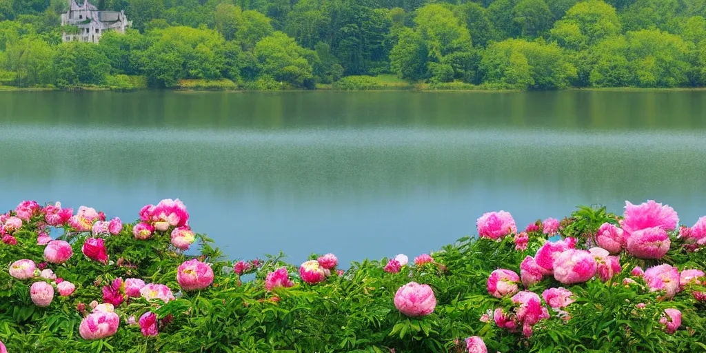 Image similar to summer manor with peony flowers and lake, bokeh