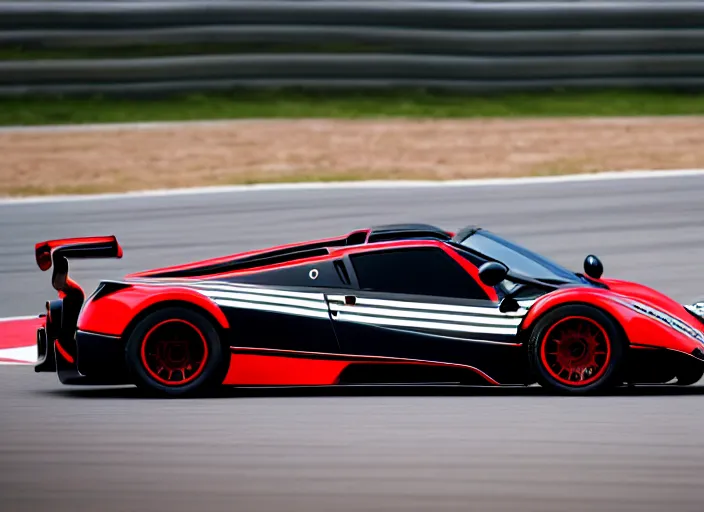 Image similar to !dream Black with red striped Pagani Zonda R cornering on a racetrack, 16K resolution, photography,