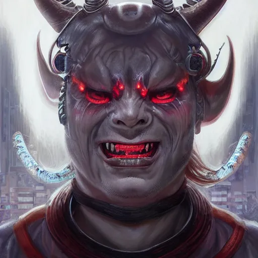 Image similar to portrait, cyberpunk japanese oni demon with horns, stern expression, long hair, highly detailed, digital painting, artstation, concept art, smooth, sharp focus, illustration, artgerm, tomasz alen kopera, peter mohrbacher, donato giancola, joseph christian leyendecker, wlop, frank frazetta