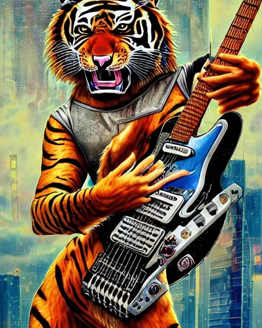 Image similar to a portrait of an anthropomorphic cyberpunk roaring tiger shredding an electric guitar as the guitar melts by sandra chevrier, by jon foster, detailed render, tape deck, epic composition, cybernetics, 4 k realistic, cryengine, realistic shaded lighting, sharp focus, masterpiece, by enki bilal