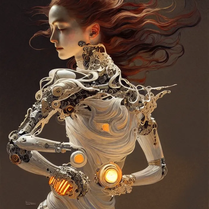 Image similar to ceramic cyborg, japanese raku, diffuse lighting, fantasy, intricate, elegant, highly detailed, lifelike, photorealistic, digital painting, artstation, illustration, concept art, smooth, sharp focus, art by John Collier and Albert Aublet and Krenz Cushart and Artem Demura and Alphonse Mucha