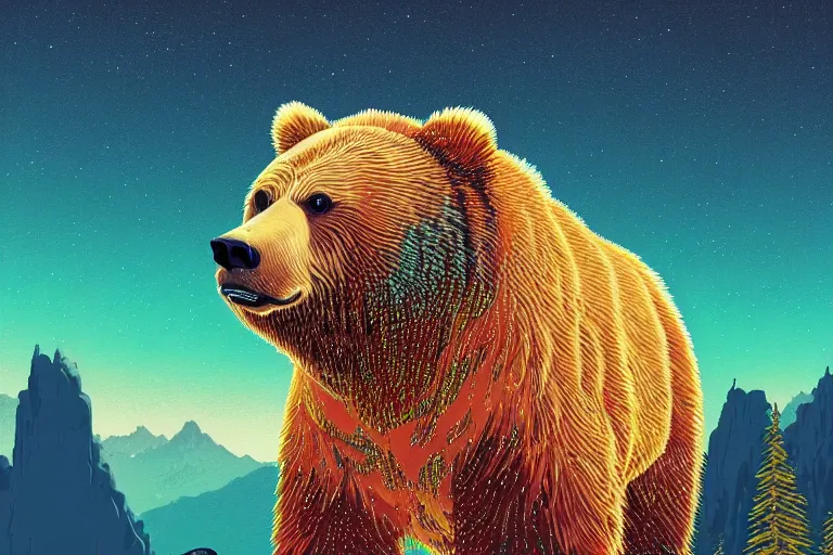 Prompt: Adorably cute portrait of Grizzly bear on top of a mountain , artstation winner by Victo Ngai, Kilian Eng and by Jake Parker, swirly vibrant color lines, winning-award masterpiece, fantastically gaudy, aesthetic octane render, 8K HD Resolution