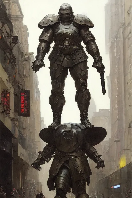 Prompt: a soldier on city street accompanies martyn ford as a huge bipedal dhell emon with bulbous torso wearing armour, painted by ruan jia, raymond swanland, lawrence alma tadema, zdzislaw beksinski, norman rockwell, jack kirby, tom lovell, alex malveda, greg staples