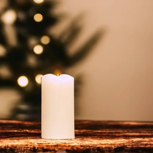 Prompt: a white candle on a wooden table. volumetric lighting