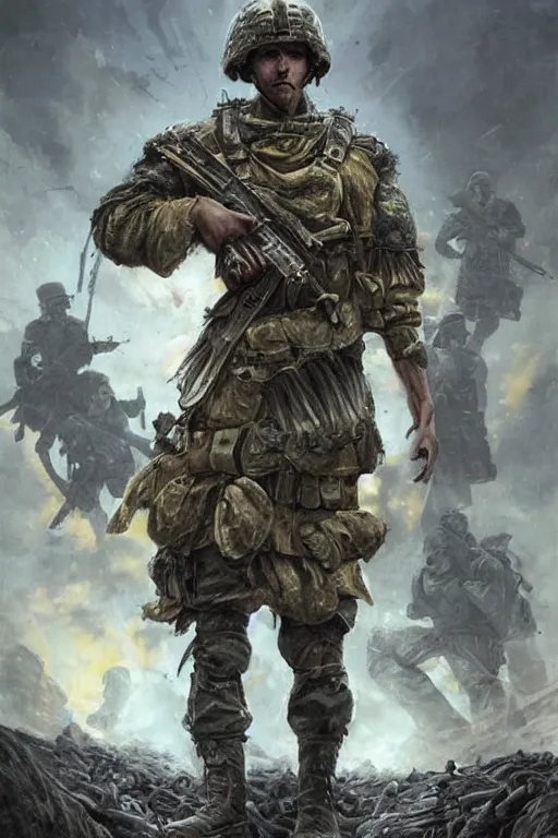 Image similar to a distant shot of a Ukrainian Call of Duty soldier with blue and yellow uniform standing alone on a pile of skulls as a winner, masculine figure, D&D, fantasy, intricate, elegant, highly detailed, extremely detailed, digital painting, artstation, concept art, matte, sharp focus, symmetrical, illustration, art by Artgerm and Greg Rutkowski and Alphonse Mucha