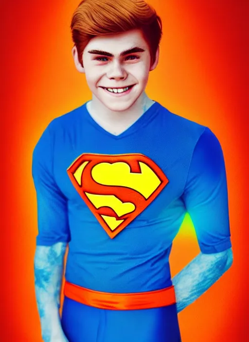 Image similar to friendly teenage archie andrews wearing an orange superhero costume with heart logo, heart, freckles, blue cape, heart emblem on chest, blue cape, intricate, elegant, glowing lights, highly detailed, digital painting, artstation, sharp focus, illustration, art by wlop, mars ravelo and greg rutkowski