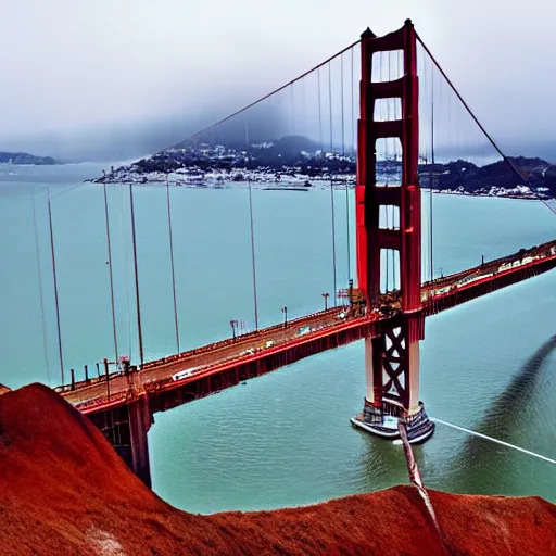 Image similar to a crumbling golden gate bridge, still