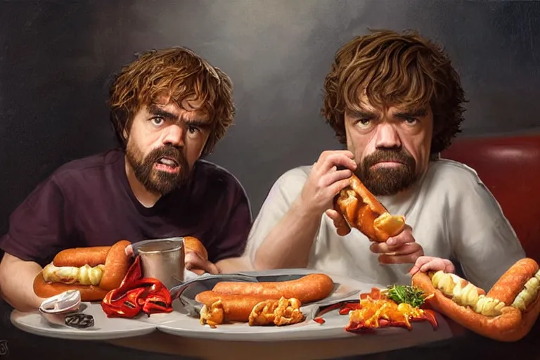 Image similar to portrait of peter dinklage sharing hotdogs with scarlett johansson, an oil painting by ross tran and thomas kincade