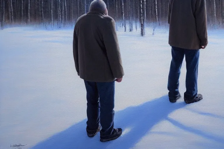 Image similar to ( ( a beautiful 8 k photorealistic masterpiece oil painting ) ( of ( two silent finnish men looking at the ground, cursing silently to themselves ) ) ( hyperrealism ) ( 1 6 k ) ( trending on artstation )