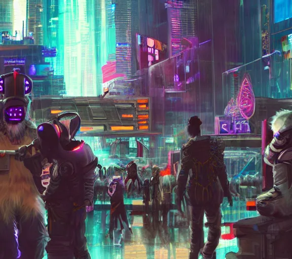 Image similar to high - resolution photograph from a cyberpunk era furry fandom convention ( midwest furfest 2 0 4 7 ), taking place after the genetic revolution and quantum singularity. photorealistic.