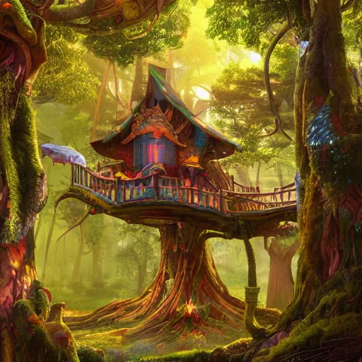 Image similar to detailed concept colorful fantasy painting of a transcendental treehouse, cinematic lighting, hyperdetailed, 8k, high resolution, insanely detailed and intricate, octane render