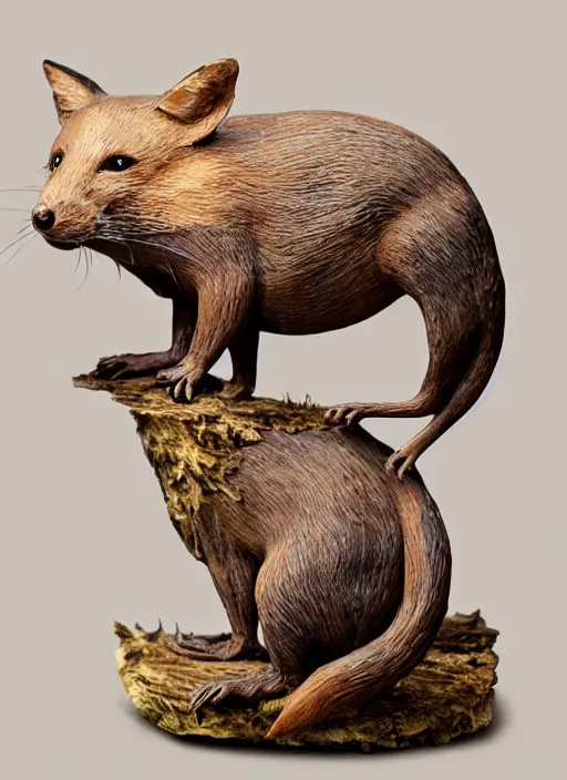 Image similar to sculpture of rat on top of a fox made of wood, portrait, female, future, wood, tree, harper's bazaar, vogue, magazine, insanely detailed and intricate, concept art, close up, ornate, luxury, elite, elegant, trending on artstation, by ruan jia, by Kenneth Willardt, by ross tran, by WLOP, by Andrei Riabovitchev,