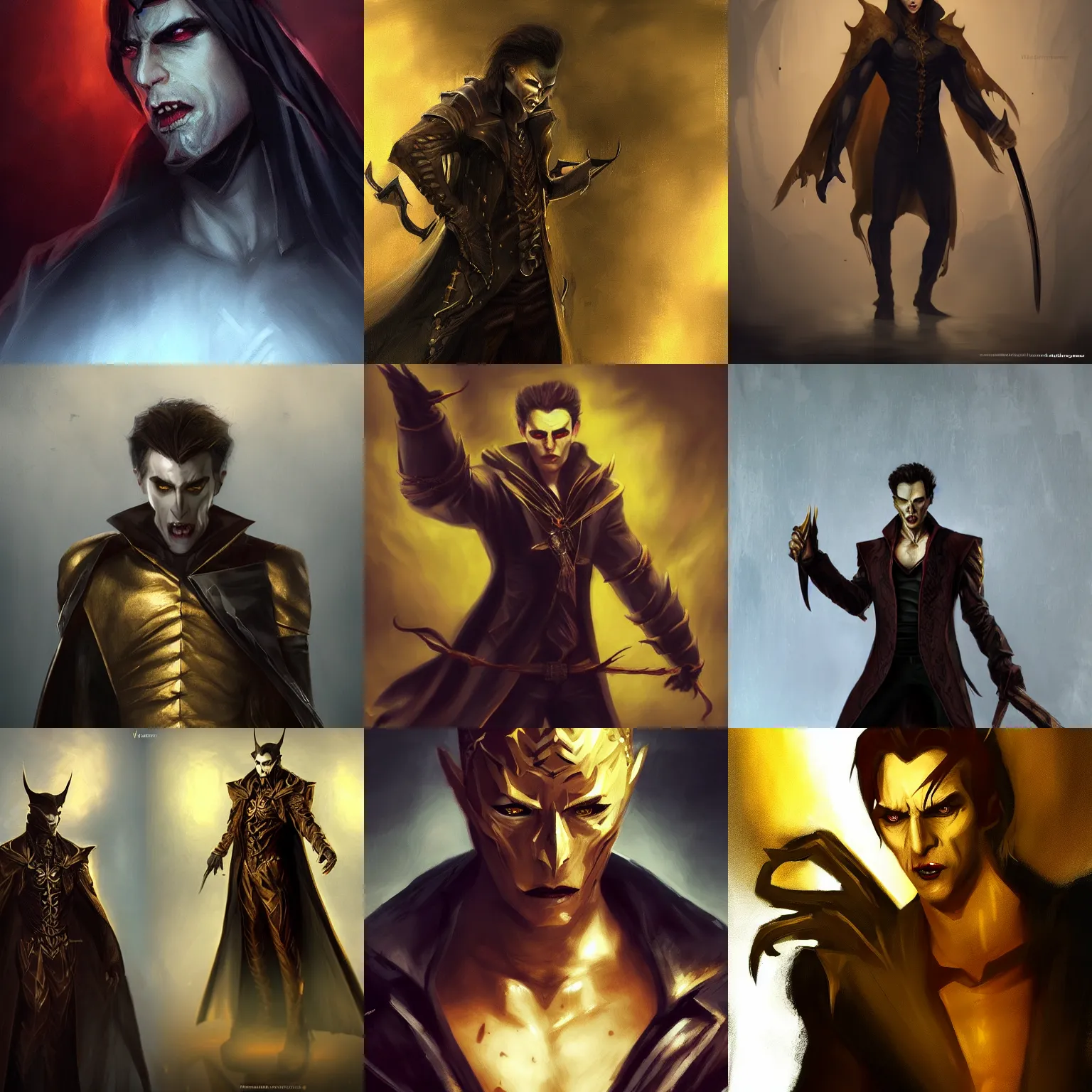 Prompt: male vampire in dark golden noble clothes in a menacing pose, realistic painting, artstation, cinematic, dramatic lighting