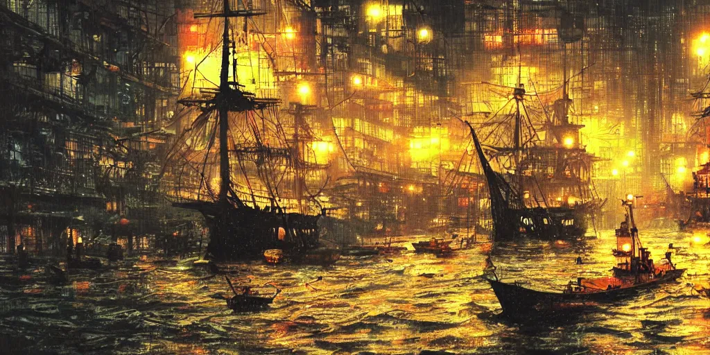 Image similar to cruiser sailing on flooded miniature kowloon city at night, raining, misty, art by yoshitaka amano, and artgerm, pixel art