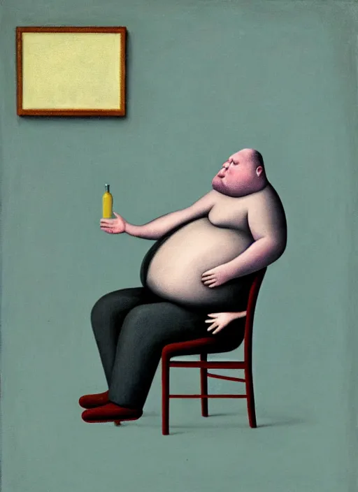 Prompt: fat man sitting on chair, sweat, fat, frustrated, art by gertrude abercrombie