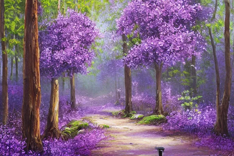 Prompt: vintage iron lamp post in the lush forest in the spring. Cinematic, purple lupin flowers, hiking trail. Intricately detailed oil painting