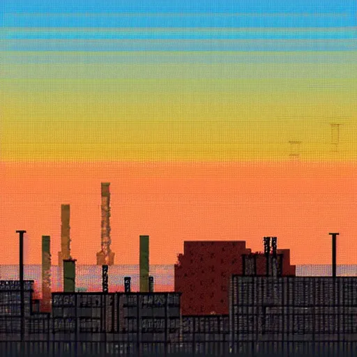 Image similar to pixel art landscape of an abandoned overgrown factory with orange sky, atmospheric