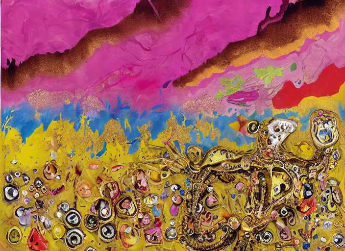 Image similar to expressionistic decollage painting golden armor alien zombie horseman riding on a crystal bone dragon broken rainbow diamond maggot horse in a blossoming meadow full of colorful mushrooms and golden foil toad blobs in a golden sunset, distant forest horizon, painted by Mark Rothko, Helen Frankenthaler, George Condo and Hilma af Klint, graffiti buff, pixel, glitch, semiabstract, color field painting, byzantine art, microsoft paint art, pop art look, naive, outsider art, very coherent symmetrical artwork. Bekinski painting, part by Philip Guston and Adrian Ghenie, art by Edward Robert Hughes, 8k, extreme detail, intricate detail, masterpiece