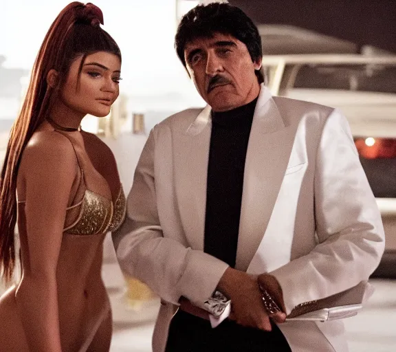 Image similar to a movie still of kylie jenner with tony montana in the movie scarface 2 0 4 9