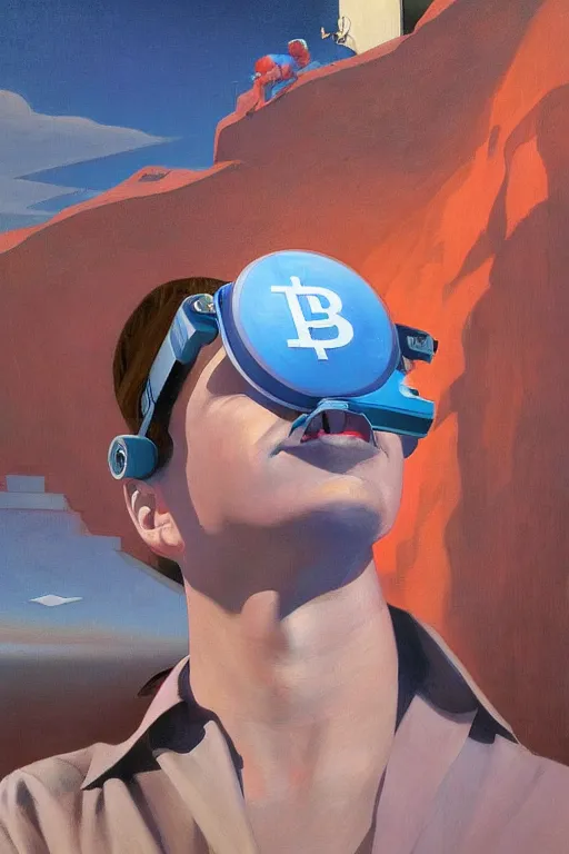 Image similar to Michael Saylor wearing oculus and bitcoin over his head Edward Hopper and James Gilleard, Zdzislaw Beksisnski, highly detailed