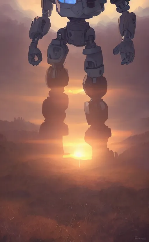 Image similar to iron giant standing near his farm, dynamic lighting, photorealistic fantasy concept art, trending on art station, stunning visuals, creative, cinematic, ultra detailed