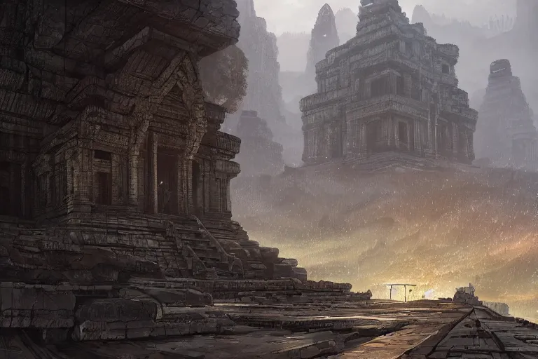 Prompt: brutalist futuristic angkor - styled structures in a primordial valley by jessica rossier